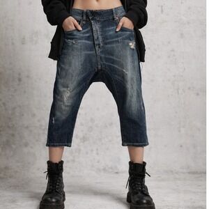 R13 Tailored Drop Jean Womens 25 Button Fly Crop Distressed Italian Denim